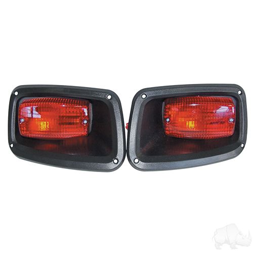 Redhawk taillights with bezels for EZGO TXT golf carts 1996-2013, featuring red lenses and mounting hardware.