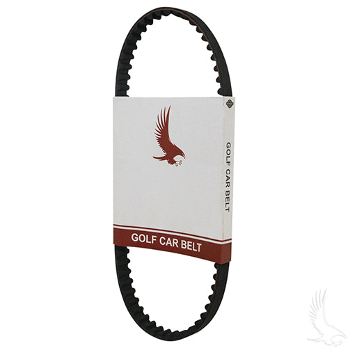 Redhawk timing belt for E-Z-GO 4-cycle golf carts, OEM BLT-0017, showing the red belt with engine components in the background.
