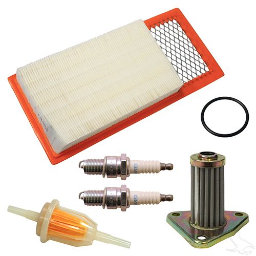 Redhawk Tune Up Kit for E-Z-GO 4-cycle 295/350cc gas golf cart engines, includes oil filter and maintenance components.