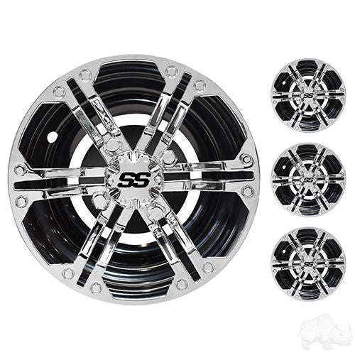 Red Hawk CAP0063 10-inch Daytona chrome wheel covers set of 4, durable easy-to-install car accessories for wheel enhancement.