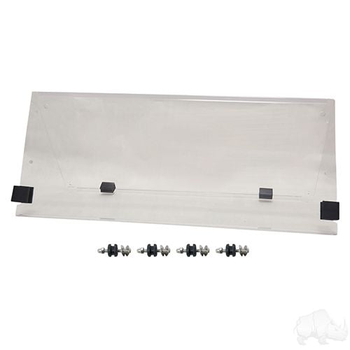 Red Hawk WIN 1018 Yamaha Drive windshield, two-piece clear shield for Yamaha Drive golf carts, enhances visibility and weather protection.
