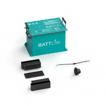 RoyPow BATTLite Lithium Battery Conversion Kit for EZGO RXV, featuring a 51.2V 100Ah battery and Bluetooth monitoring.