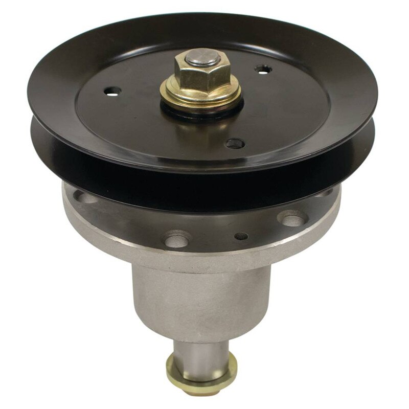 Stens 285-929 spindle assembly for Exmark lawn mowers, durable replacement part, shown with metal spindle and mounting components.