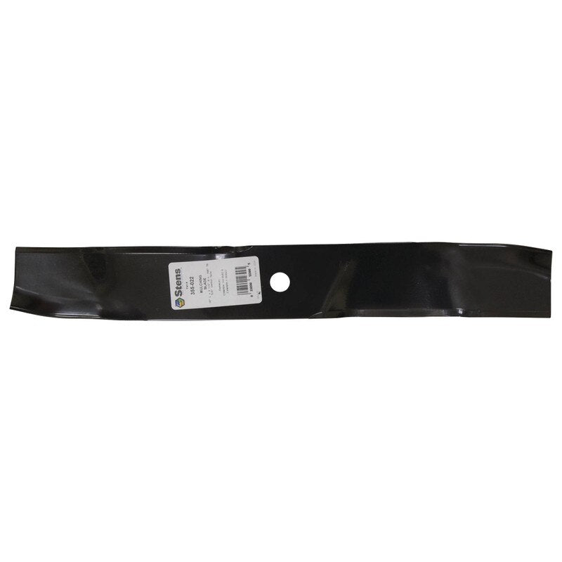 Stens 355-022 high-performance mulching blade for lawn mowers, replacement part, with sharp cutting edges and durable metal construction.