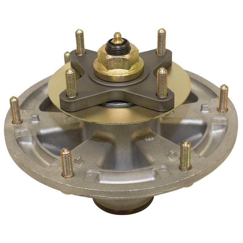 Stens 285-888 spindle assembly for John Deere TCA24881, showing a replacement spindle with mounting components and metal finish.