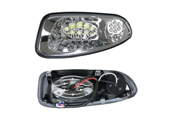 E-Z-GO OEM RXV LED left headlight assembly with clear lens and black housing for golf cart headlight replacement.