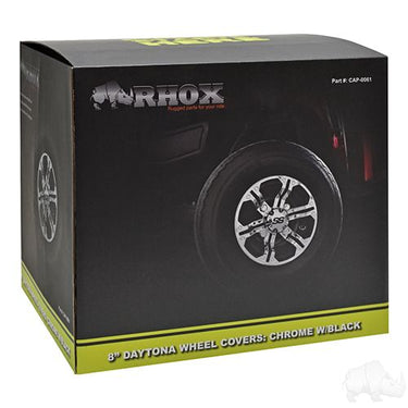 Red Hawk CAP0061 8-inch Daytona chrome wheel covers set of 4 for car enthusiasts, showcasing shiny, durable wheel protection.