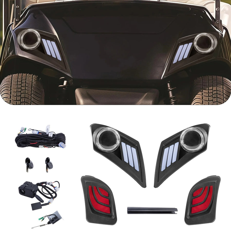 Rainier Parts Yamaha Drive2 golf cart LED deluxe light kit with 12 to 48 volt illumination for 2017 and later models.