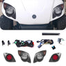 Rainier Parts Yamaha Drive golf cart LED deluxe light kit installed, showing bright LED lights and wiring for 12 to 48 volt systems.