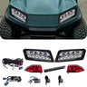 Rainier Parts Club Car Tempo LED Deluxe Light Kit installed on a golf cart, featuring bright, energy-efficient lighting for Tempo models.