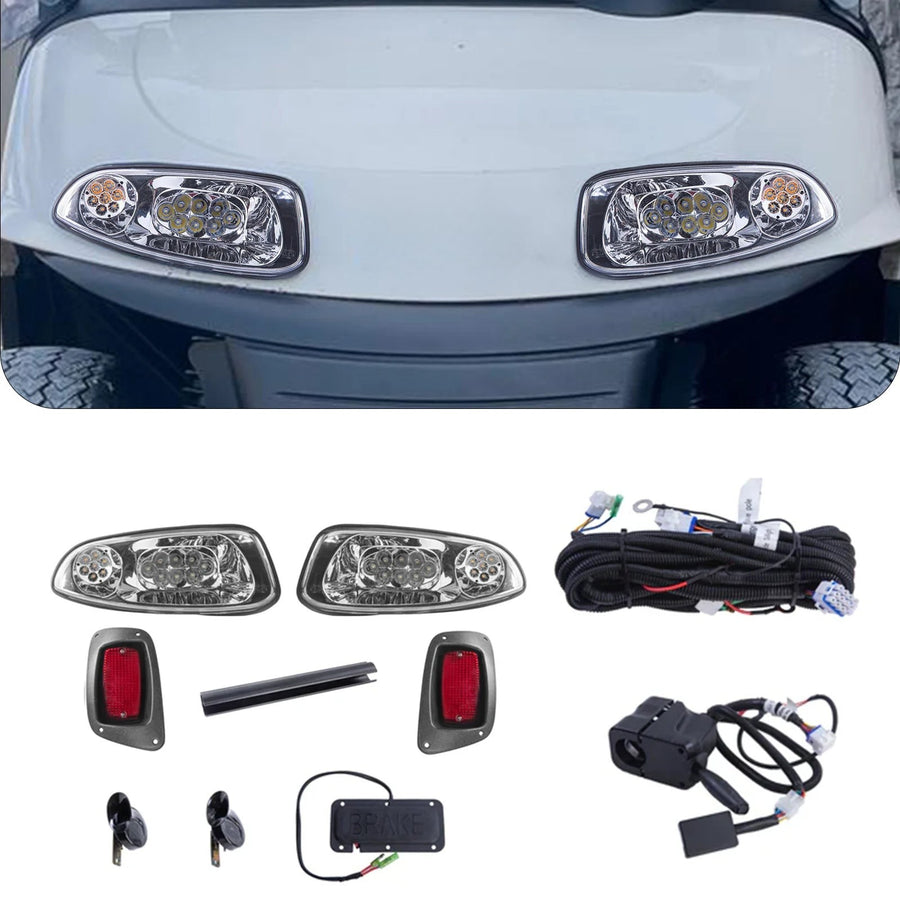 Rainier Parts EZ-GO RXV golf cart LED light kit with front and rear LED lights installed on a golf cart.