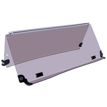 Rainier Parts Club Car Tempo Precedent folding tinted PMMA windshield for golf carts, featuring durable rain-resistant design.
