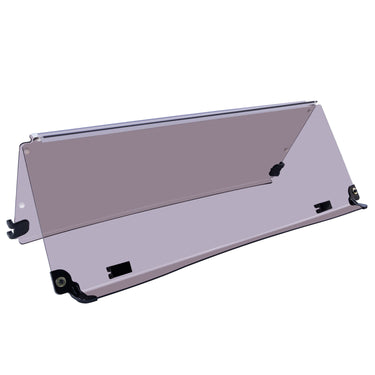 Rainier Parts tinted folding windshield for EZ-GO TXT 2014 onward golf carts, made of durable PMMA for protection.