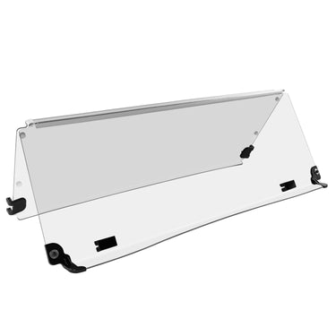 Rainier Parts EZ-GO TXT 2014+ folding clear PMMA windshield for golf carts, providing visibility and protection.