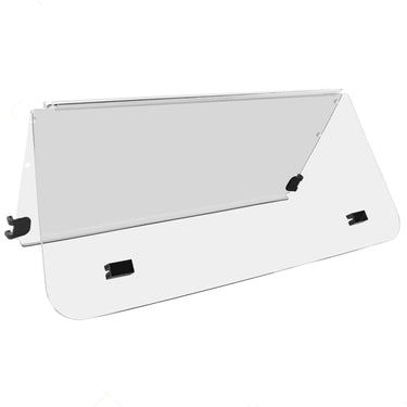 Clear Yamaha G22 golf cart folding windshield made of PMMA by Rainier Parts, shown installed on the cart.