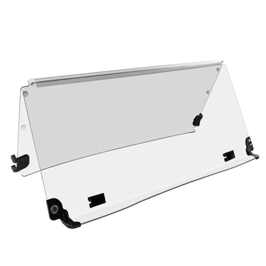 Rainier Parts Yamaha folding drive G29 windshield made of PMMA with adjustable airflow for golf carts, installed on the cart.