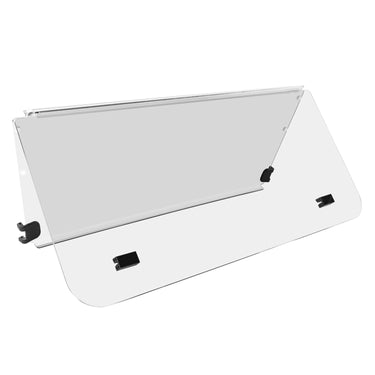 Rainier Parts EZ GO TXT folding windshield for models before 2013, clear UV stabilized PMMA rain shield with adjustable wing for golf carts.