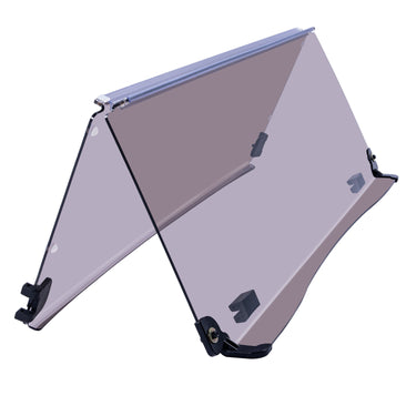 Rainier Parts tinted folding windshield for EZ-GO TXT 2014 onward golf cart, made of durable PMMA for protection.