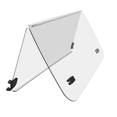 Clear PMMA folding windshield for Yamaha G22 golf cart by Rainier Parts, showing the transparent, curved rain shield in a natural outdoor setting.