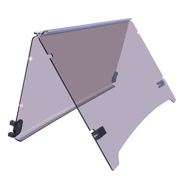 Rainier Parts Yamaha Folding DRIVE2 windshield with tinted PMMA UV shield, reducing glare for golf cart drivers, easy to install.