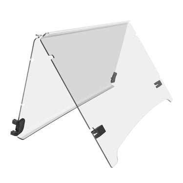Clear Yamaha Drive2 folding windshield by Rainier Parts with adjustable wings, UV stabilized PMMA material for golf carts.