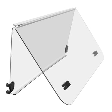 Clear UV-stabilized PMMA EZ GO TXT folding windshield by Rainier Parts, adjustable wing, designed for golf carts before 2013.