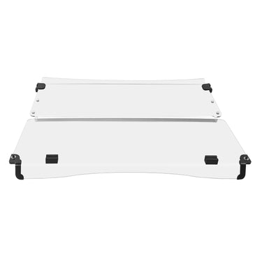 Rainier Parts Yamaha G29 folding windshield made of PMMA with adjustable airflow for golf carts, shown installed on a Yamaha G29 golf cart.