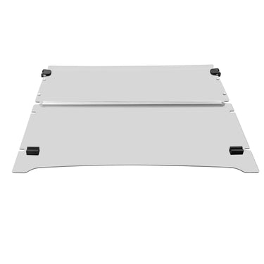 Rainier Parts Yamaha Drive2 folding clear PMMA windshield with adjustable wings for golf carts, UV stabilized for durability.