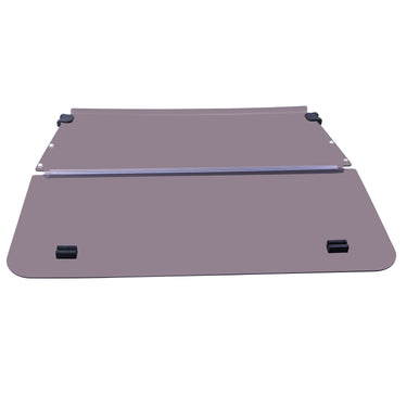 Rainier Parts Club Car DS windshield with folding winged design, UV protection, glare reduction, made from PMMA material.