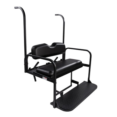 Yamaha Drive 2 black flip seat kit by Rainier Parts, with plush cushioning for rear golf cart passenger comfort and safety.