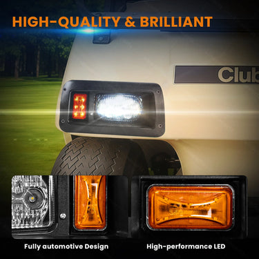Rainier Parts Club Car DS LED Light Kit with high/low beams and brake pad for 12-48V golf carts, rain-resistant design.