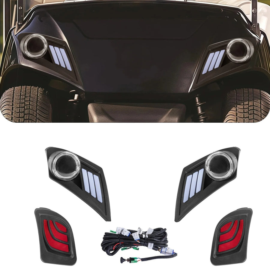 Rainier Parts Yamaha Drive2 LED Light Kit for golf cart, showing bright LED lights and wiring components for 12 to 48V systems.