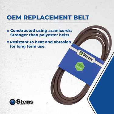 Stens OEM replacement belt for Toro lawn mower, durable direct-fit belt shown on a lawn mower part.