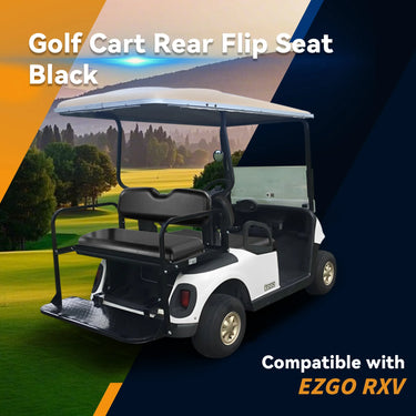 Rainier Parts EZGO RXV black golf cart rear flip seat kit, premium durable and stylish for comfortable seating on EZGO golf carts.
