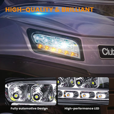 Rainier Parts Club Car Tempo LED Deluxe Light Kit with bright, energy-efficient lights for 12-48 volt golf carts, easy to install.