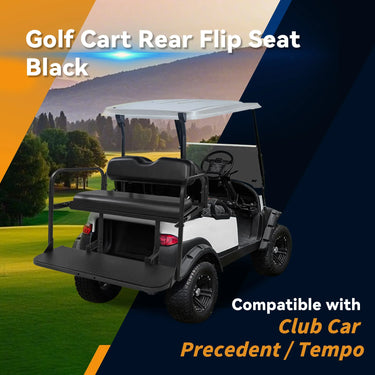 Rainier Parts premium black flip seat kit for Club Car TEMPO Precedent golf cart rear seat with durable, comfortable design.