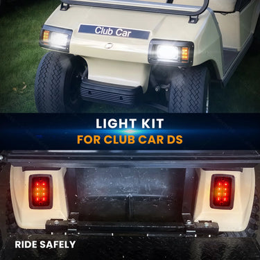 Rainier Parts Club Car DS LED Light Kit with high/low beams and brake pad for 12-48V golf carts, ideal for enthusiasts.