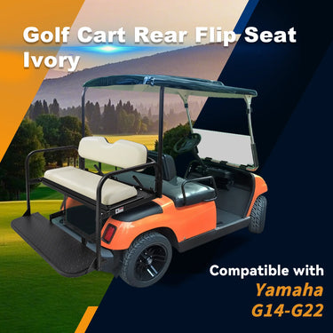 Yamaha G22 golf cart Ivory flip seat kit by Rainier Parts, provides durable extra passenger seating on the rear of the golf cart.