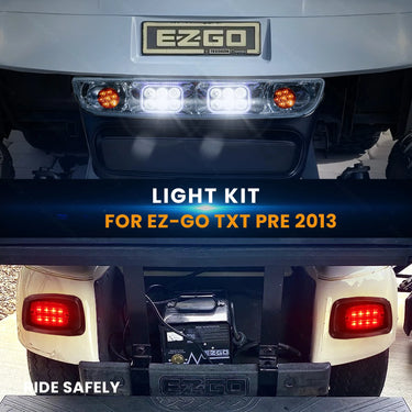 Rainier Parts EZ-GO TXT LED light bar kit installed on golf cart, providing enhanced night visibility with easy installation.