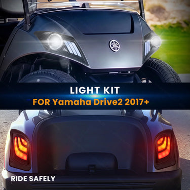 Rainier Parts Yamaha Drive2 LED light kit for golf cart, includes bright lights for 12 to 48V voltage systems.