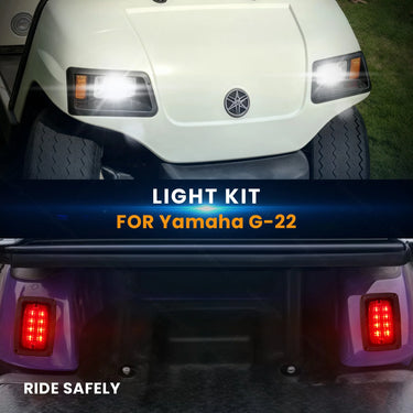 Installation process of the YAMAHA G-22 LED Hi-Low Beam Deluxe Light Kit with Brake Pads 12-48 volt demonstrating compatibility with different golf cart models.