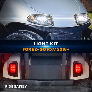 Rainier Parts EZ-GO RXV 2016 Plus LED high low beam light kit with brake pad for 12-48V EZ-GO golf cart, rain-resistant design.