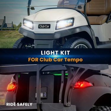 Rainier Parts Club Car Tempo LED high low beam light kit with brake pad for golf carts, suitable for 12V to 48V electric models.