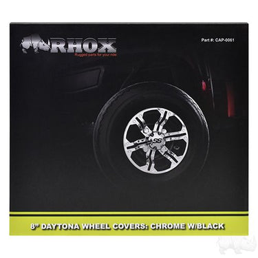 Red Hawk CAP0061 8-inch Daytona chrome wheel covers set of 4, shiny and stylish car accessories for enhanced wheel appearance.