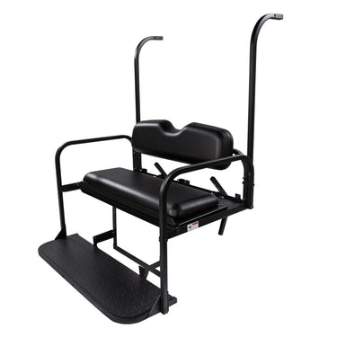 Yamaha Drive 2 black flip seat kit by Rainier Parts, rear golf cart seat upgrade for comfort and passenger safety.