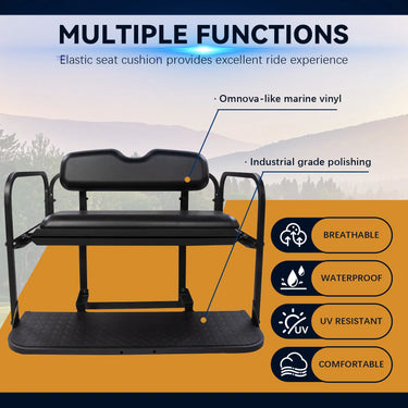 Rainier Parts EZGO RXV black flip seat kit for golf cart, featuring durable, stylish, and comfortable rear seat with premium design.