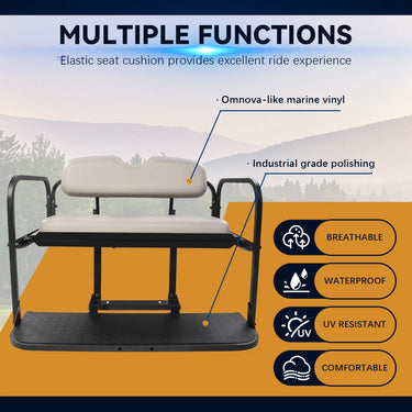 Yamaha Drive Stone golf cart rear flip seat kit by Rainier Parts, showing durable black seat with sturdy frame for golfers.