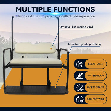 Yamaha G22 golf cart ivory rear flip seat kit by Rainier Parts, providing extra passenger comfort and durable seating.