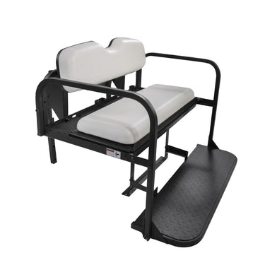 EZGO RXV white golf cart rear flip seat kit by Rainier Parts, showcasing durable, comfortable, and easy-to-install golf cart rear seat.