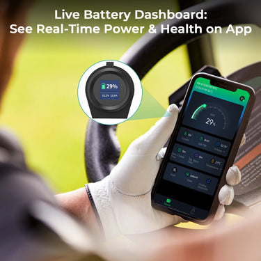 RoyPow BATTLite 51.2V 100Ah lithium golf cart battery with Bluetooth monitor for EZGO TXT, featuring durable design and 8-year warranty.
